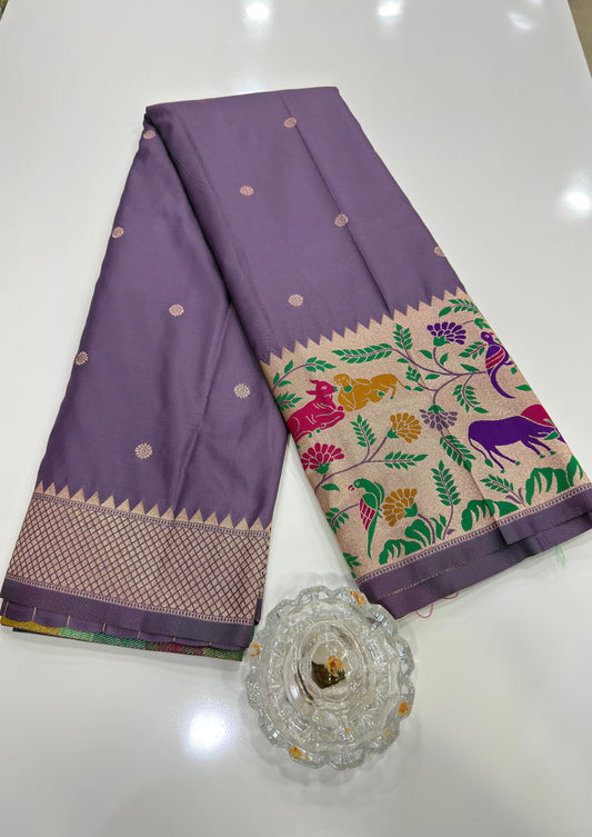 Paithani printed soft silk saree with zari-style border and contrast blouse for women