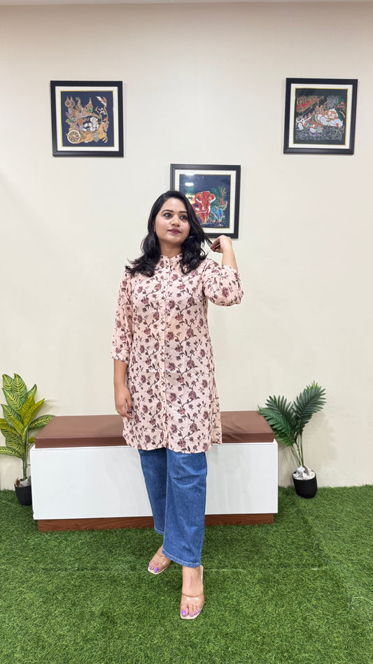 Beige Georgette Floral Printed Regular Fit Tunic – Women’s Casual Wear (L to 2XL)