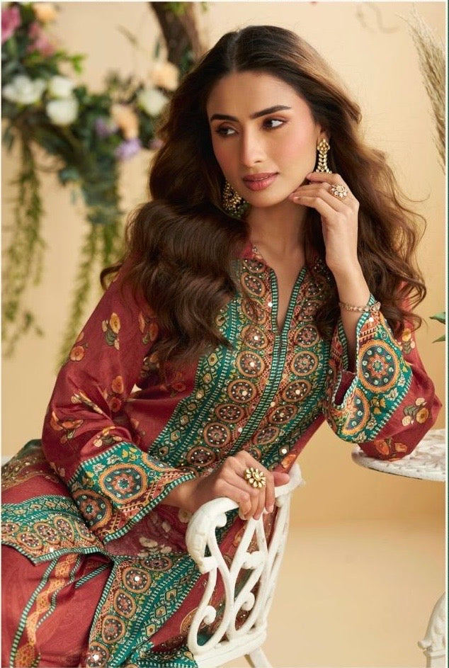 Crepe Silk Digital Printed Co-Ord Set with Mirror Work for Women – Festive Wear Kurta Pant Set