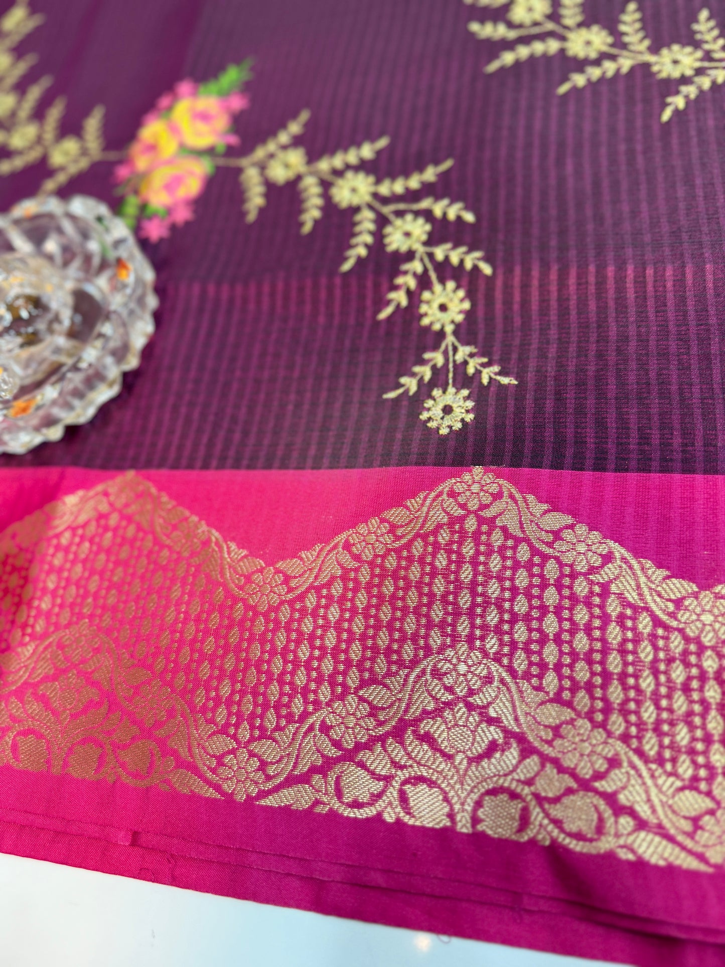 Banarasi kota silk saree with floral embroidery, contrast magenta zari border and matching blouse piece for women