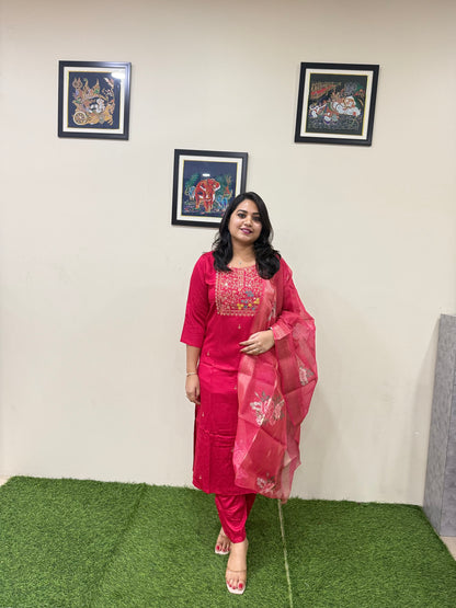 Gajji Silk Straight Suit Set with Embroidery and Organza Zari Dupatta for Women