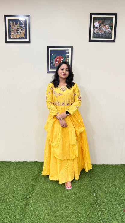 Muslin Silk Embroidered Gown for Women with Handwork and Malai Crepe Inner – 56+ Inch Length