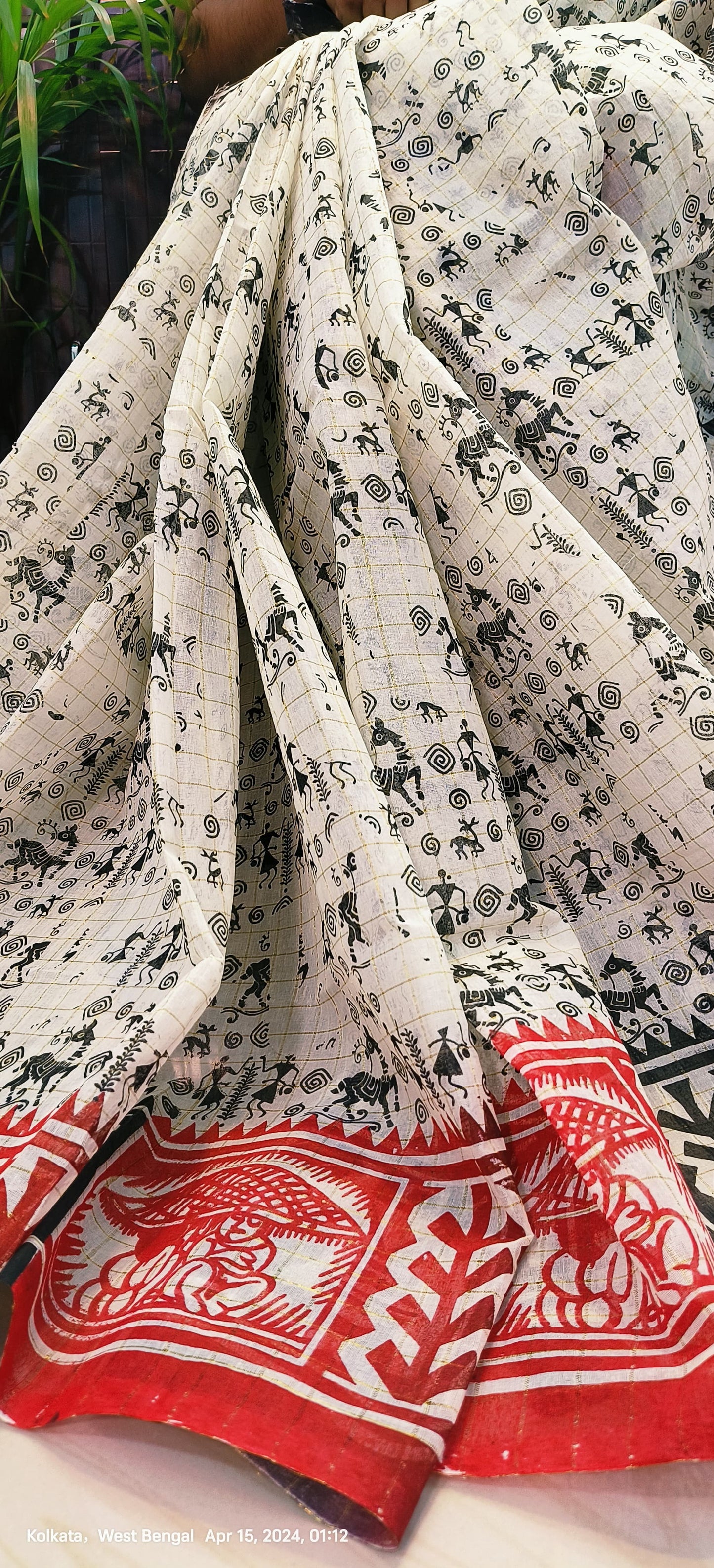 Madhubani Sohajpath Hand Block Print Saree on Begampur Zari Check Fabric – Festive & Wedding Wear