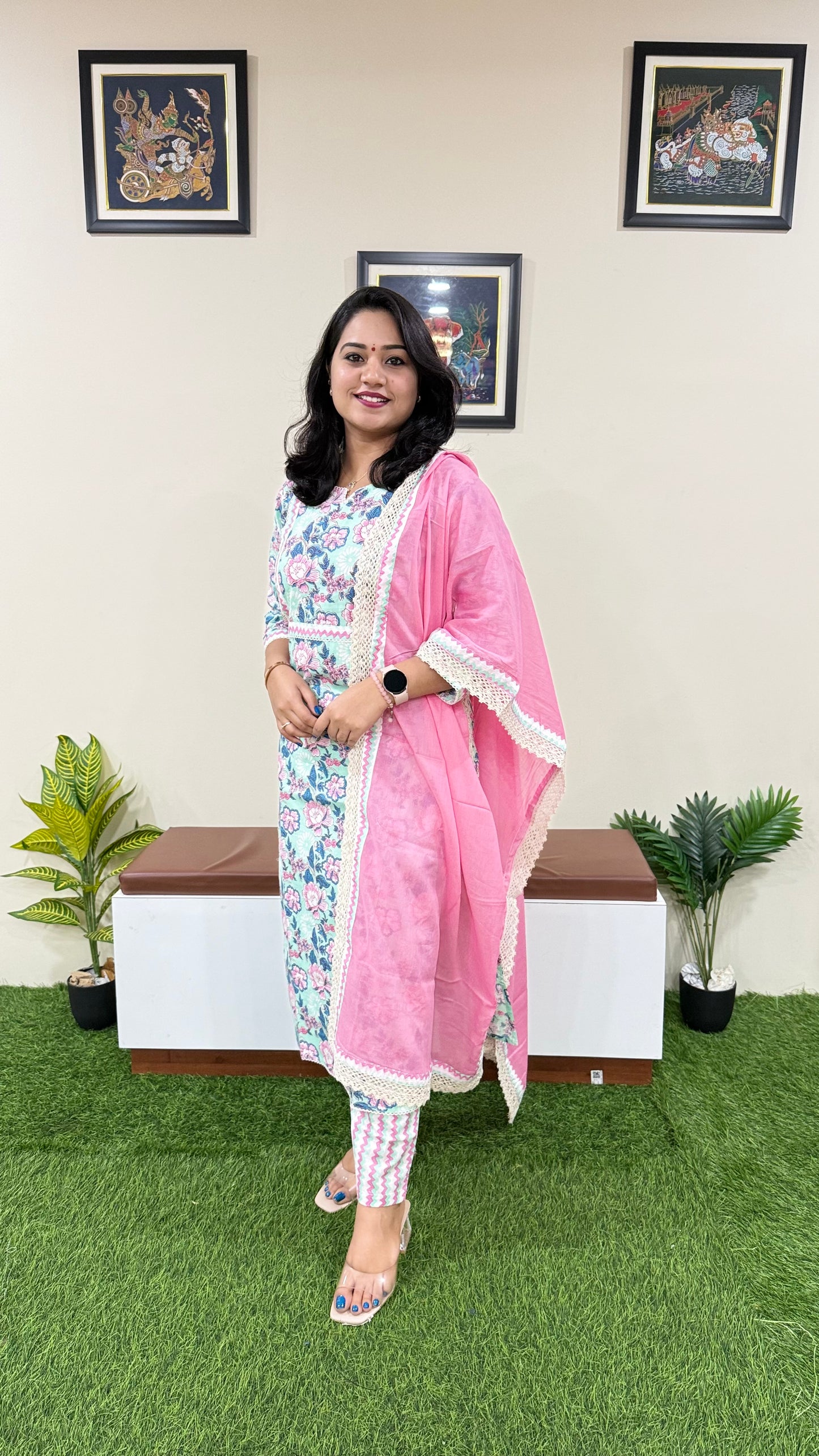 Cotton Kurti Pant Dupatta Set for Women with Crochet Work and Stole Dupatta – Sizes 36 to 46