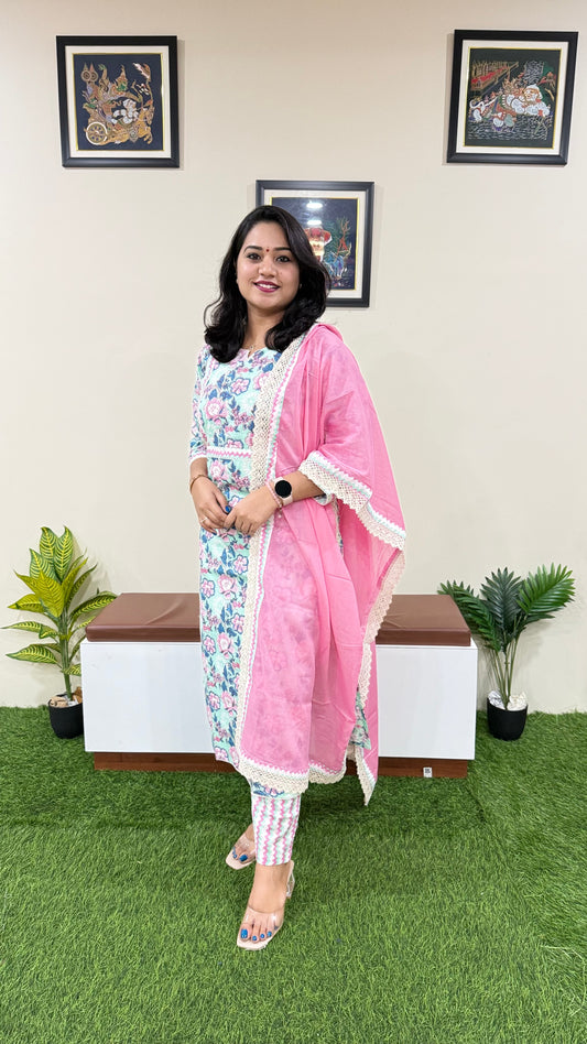 Cotton Kurti Pant Dupatta Set for Women with Crochet Work and Stole Dupatta – Sizes 36 to 46