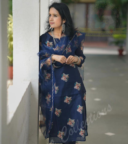 Digital Chanderi Kurti Pant Dupatta Set with Cotton Lining and Organza Dupatta – Sizes 36 to 44