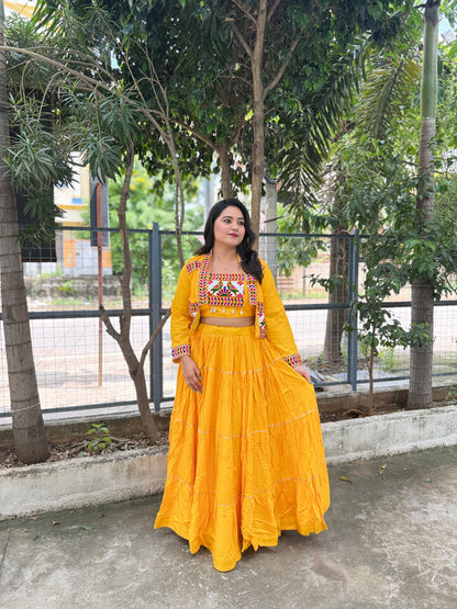 Rayon Lehenga Choli with Embroidered Gamthi Work Koti and Cowrie Lace – Navratri and Festive Wear