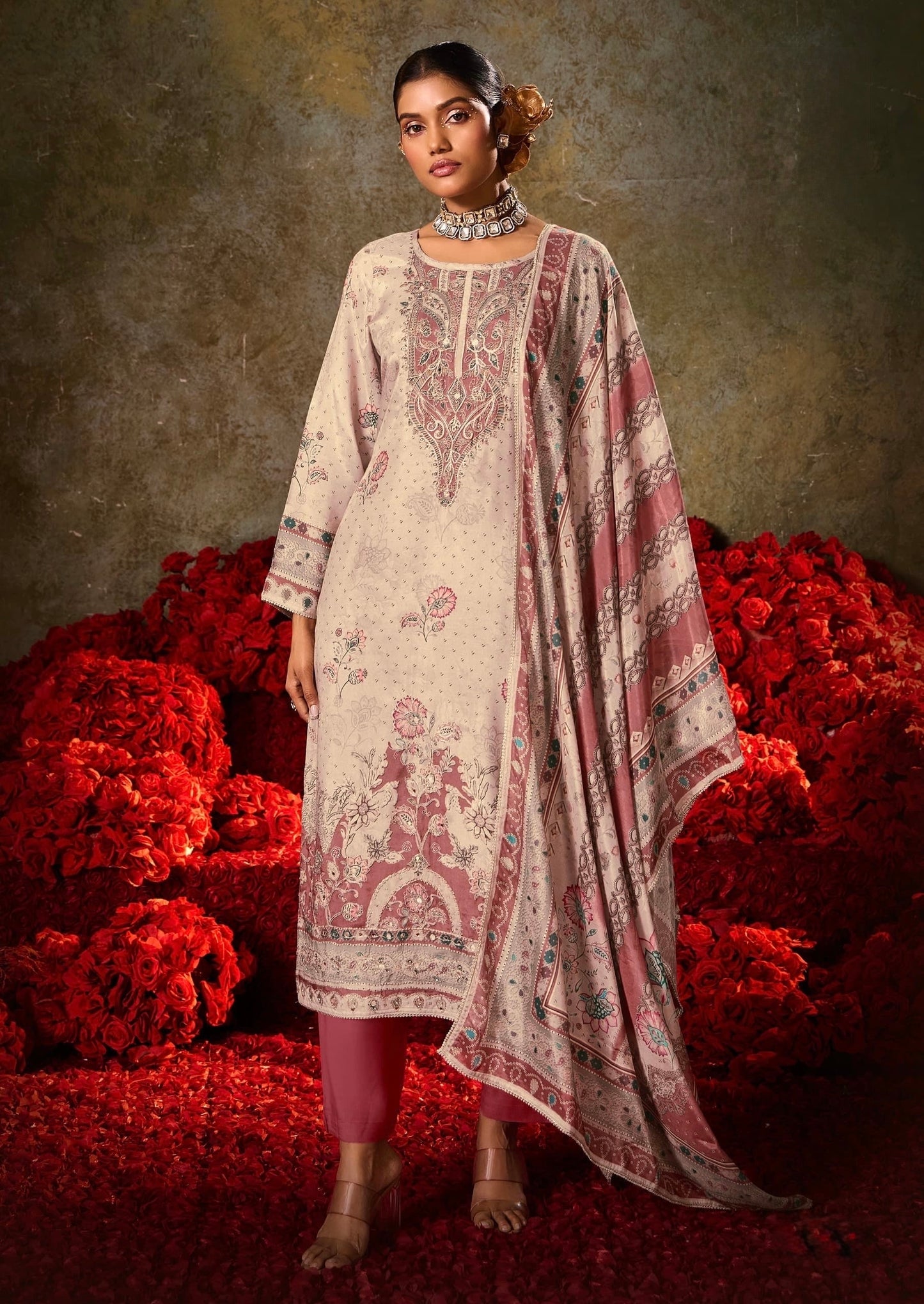 Muslin Digital Print Kurta Pant Dupatta Set with Aari Work and Swarovski Detailing – L to 3XL