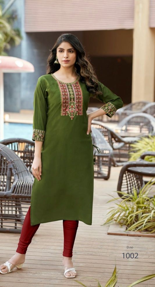 Heavy 14 KG Rayon Embroidered Kurti with Handwork for Women – S to XL