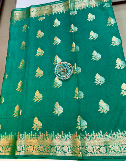 Handloom Pure Chhiniya Silk Saree in bottle green with Meenakari Zari Weaving and Buta Work