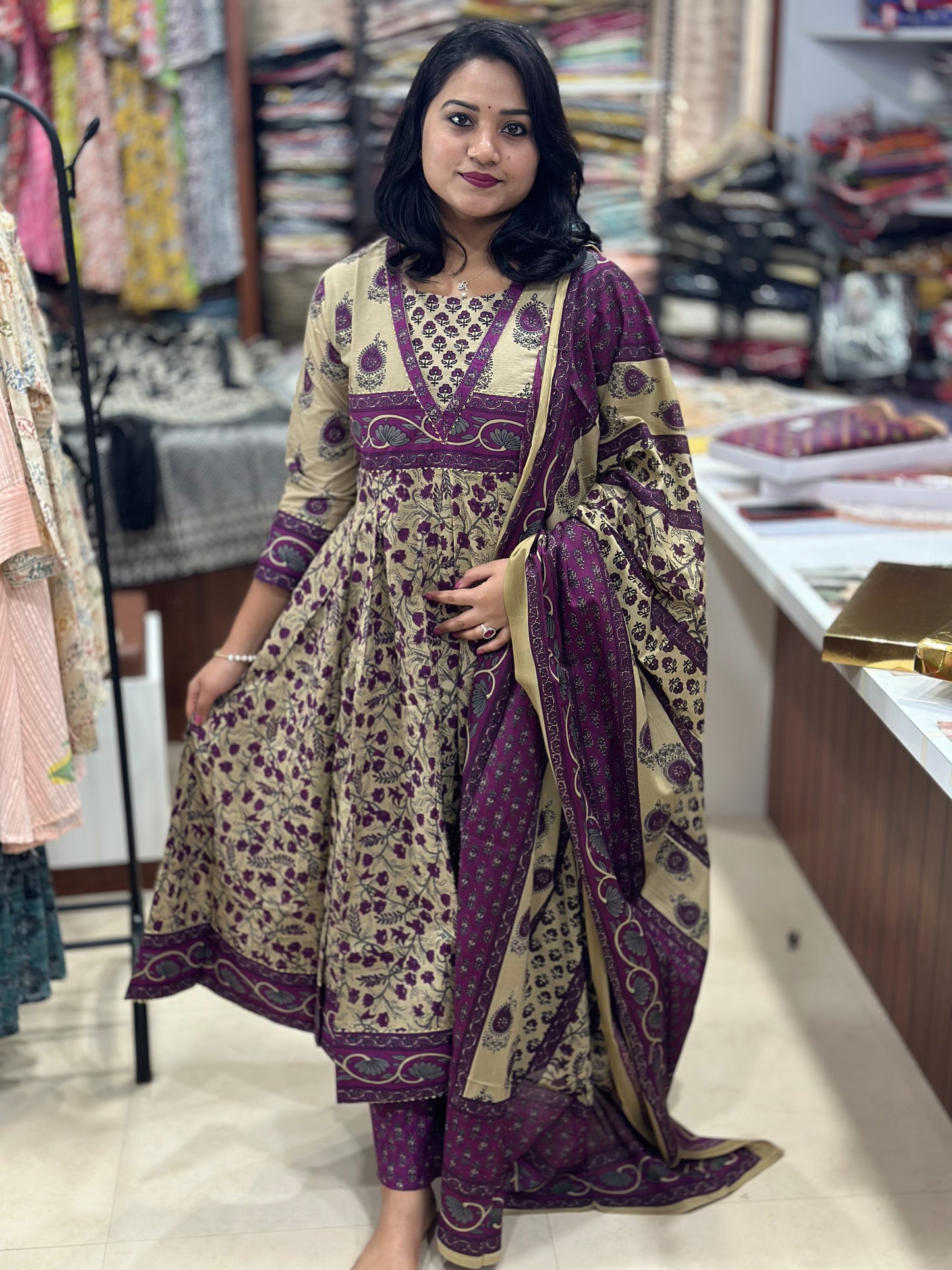 Women’s Anarkali Cotton Suit Set with Gota Work, Straight Pants and Full-Length Dupatta – Purple and Gold