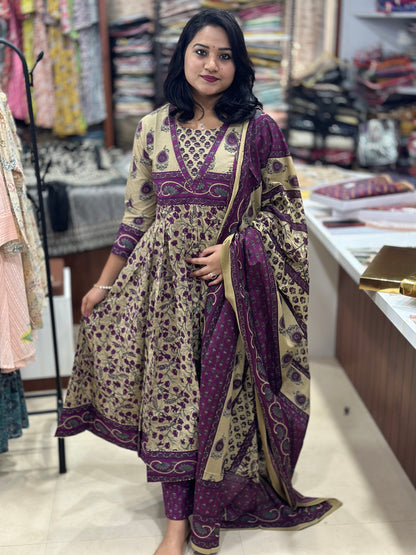 Women’s Anarkali Cotton Suit Set with Gota Work, Straight Pants and Full-Length Dupatta – Purple and Gold