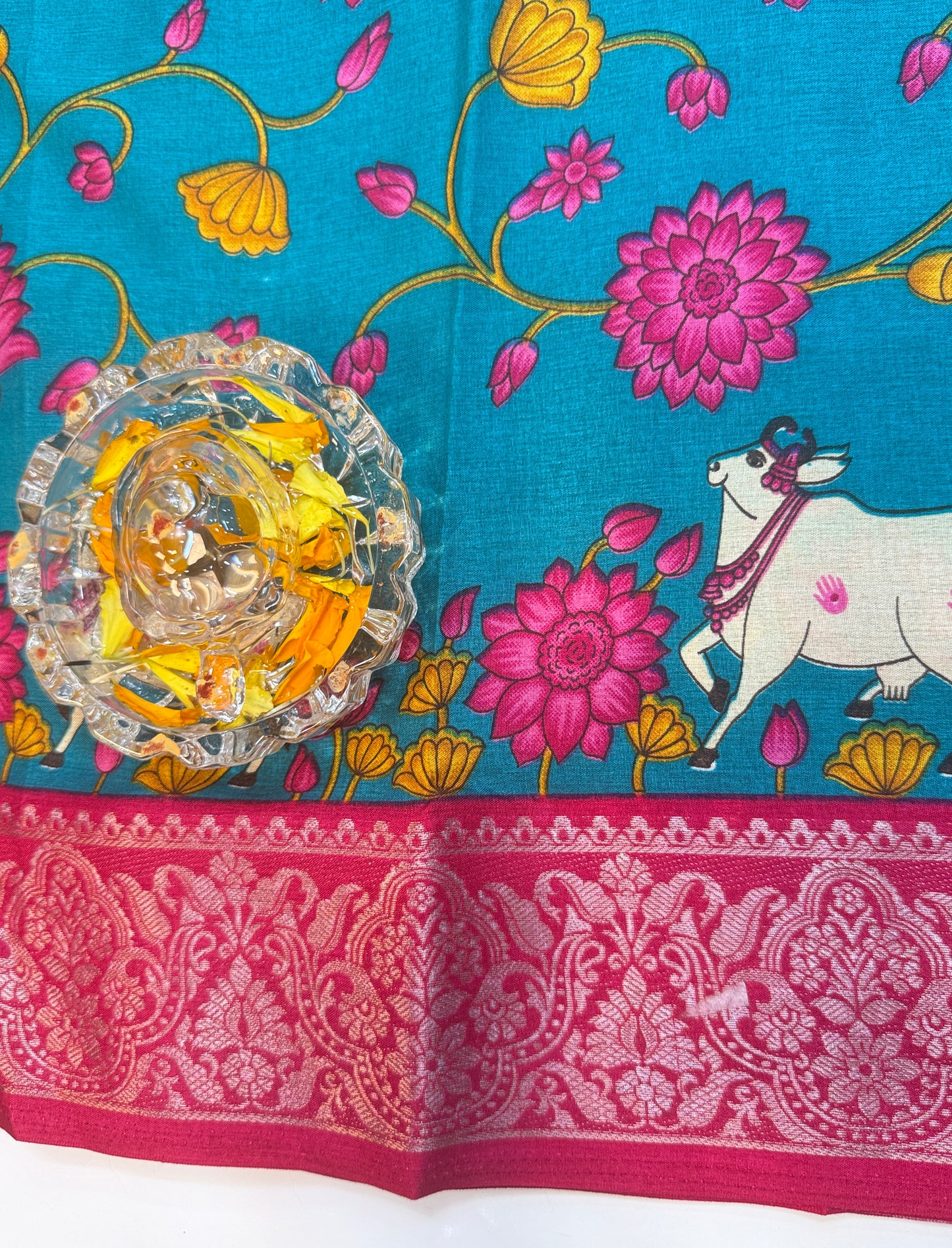 Madrasi Cotton Silk Saree with Cultural Print Motifs and Matching Blouse Piece for Women