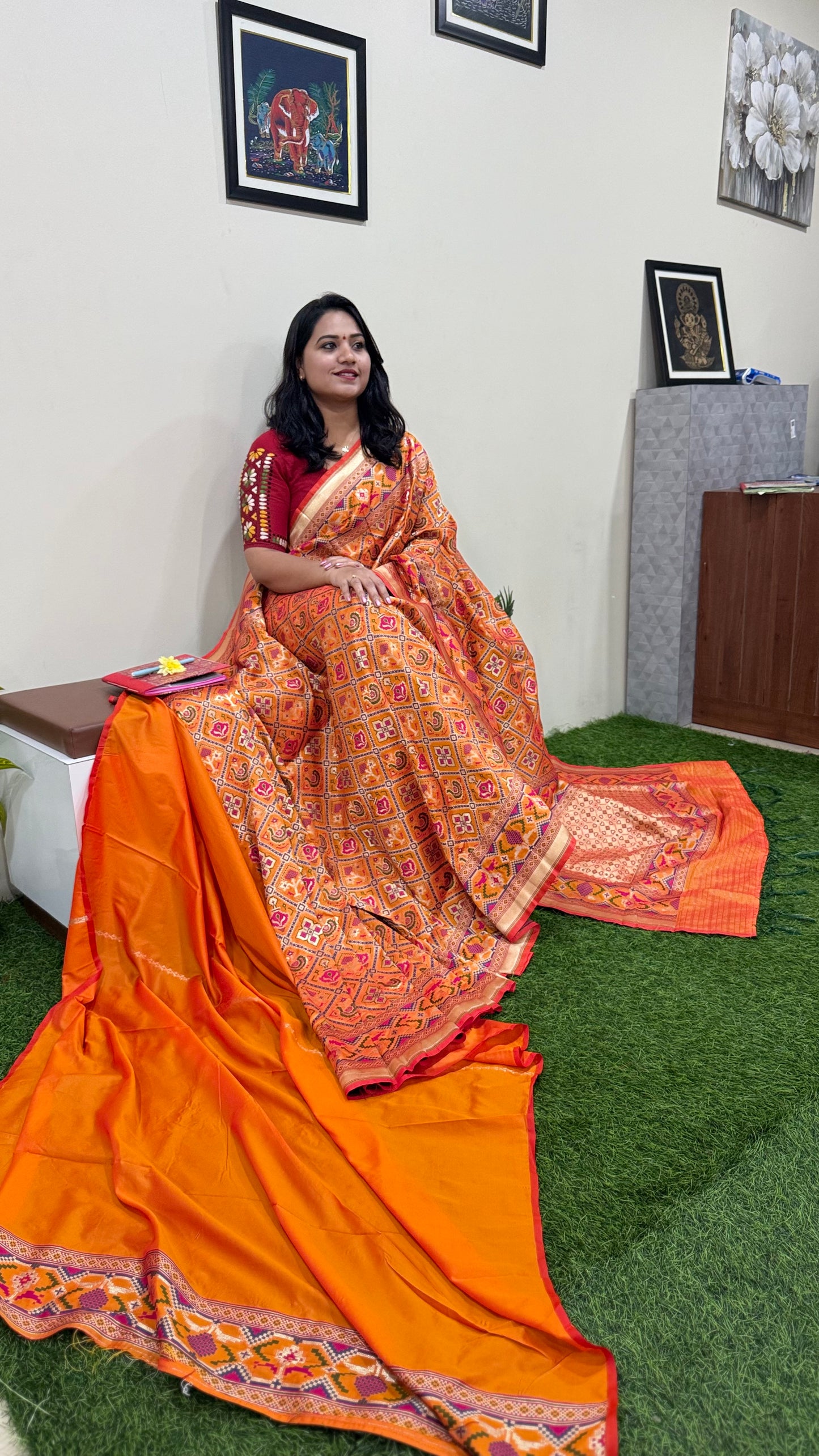Orange Designer Silk Saree with Heavy Embroidery Work and Unstitched Blouse for Festive and Wedding Wear