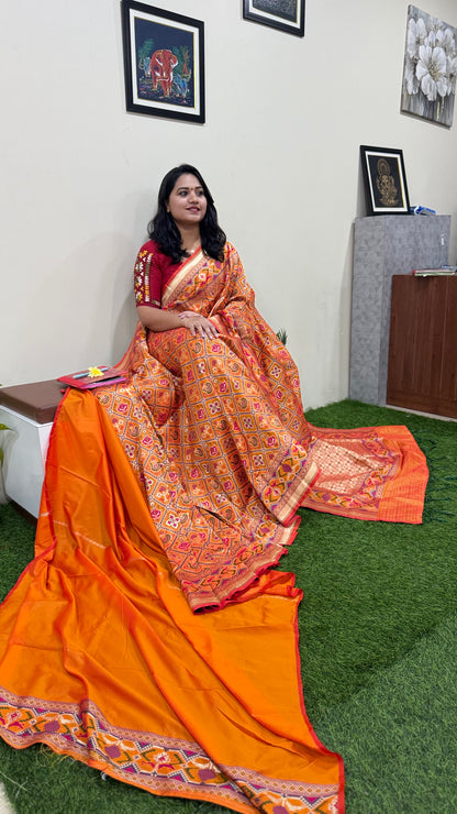 Orange Designer Silk Saree with Heavy Embroidery Work and Unstitched Blouse for Festive and Wedding Wear