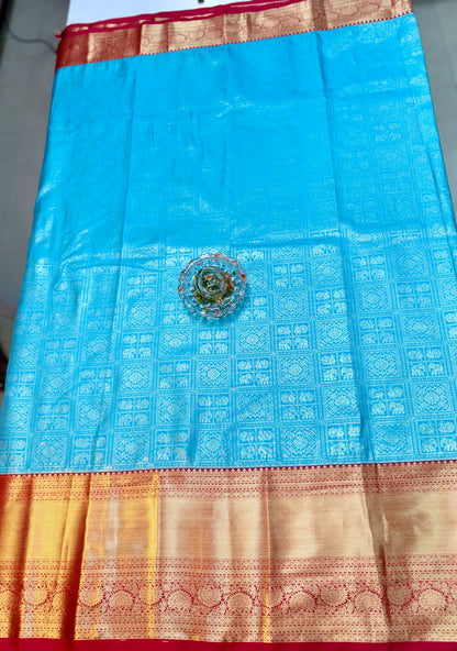 Semi Kanchi Pattu Brocade Saree with Zari Weaving and Contrast Border – Festive Wear