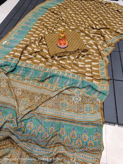 Semi Modal Silk Saree with Hand Block Prints and Contrast Blouse for Women