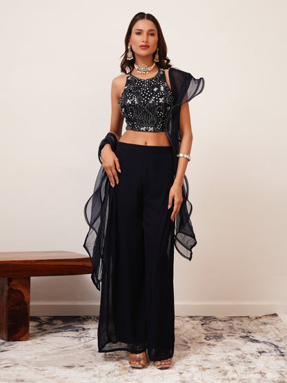 Embroidered Georgette Crop Top and Plazzo Set – Ready-to-Wear Party Outfit for Women