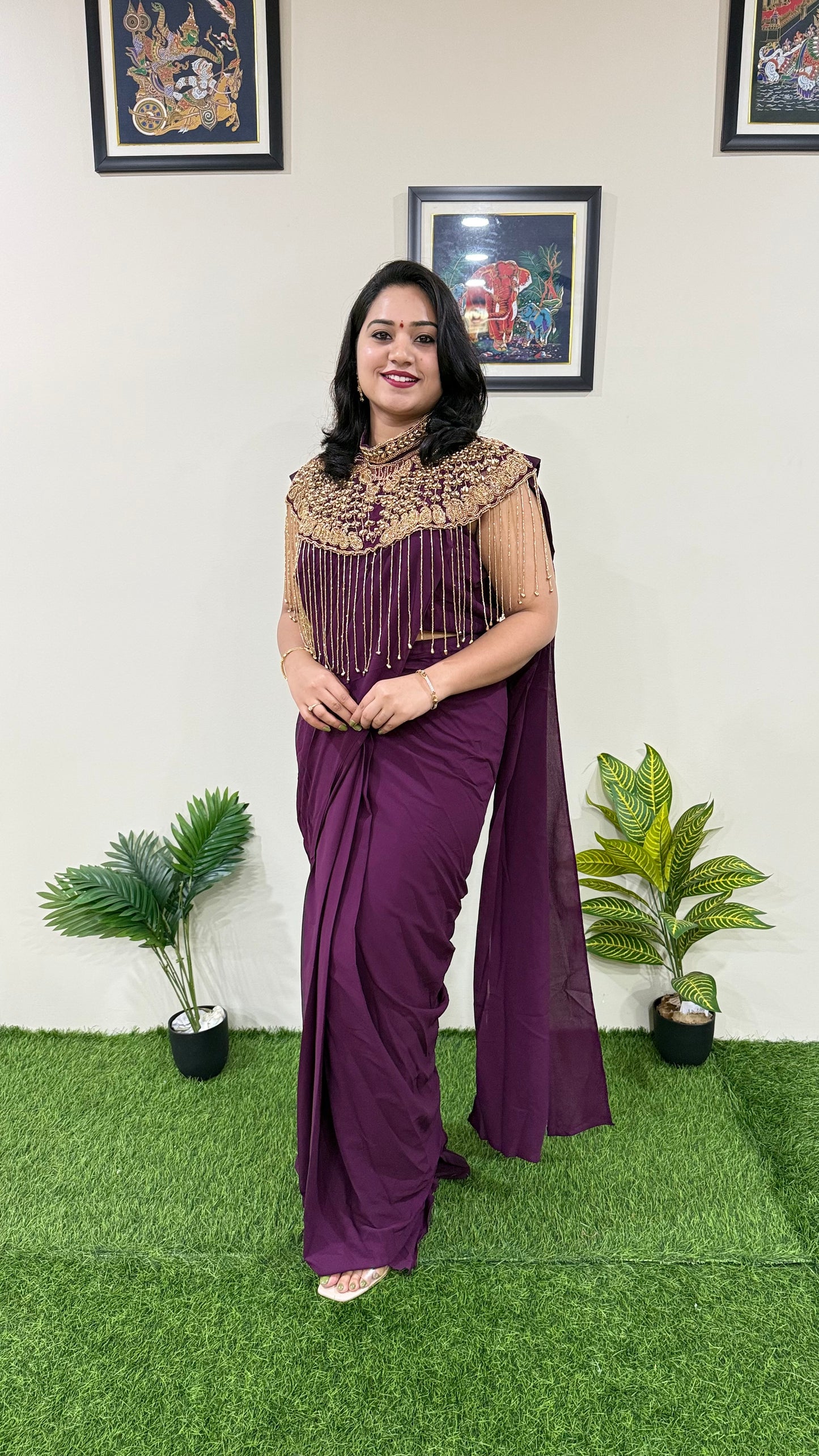 Pre-Draped Georgette Saree with Stitched Crop Top and Hand-Embroidered Cape – Ready-to-Wear Set for Women