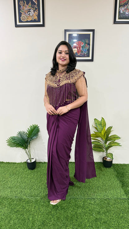 Pre-Draped Georgette Saree with Stitched Crop Top and Hand-Embroidered Cape – Ready-to-Wear Set for Women