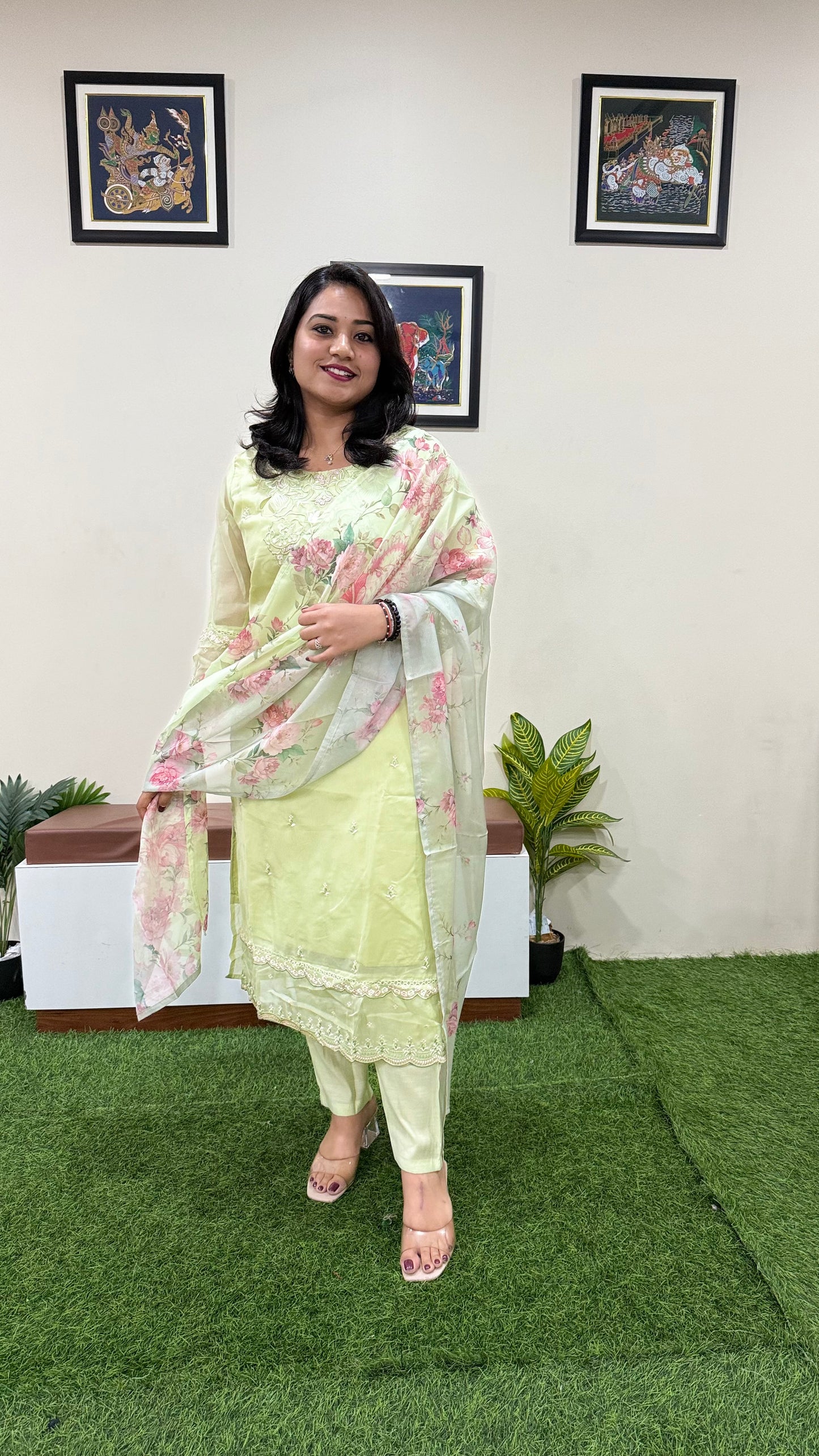 Women’s Organza Embroidered Suit Set with Viscose Silk Pant and Digital Print Dupatta – L to 3XL