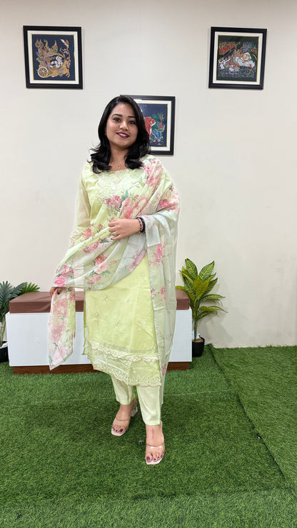 Women’s Organza Embroidered Suit Set with Viscose Silk Pant and Digital Print Dupatta – L to 3XL