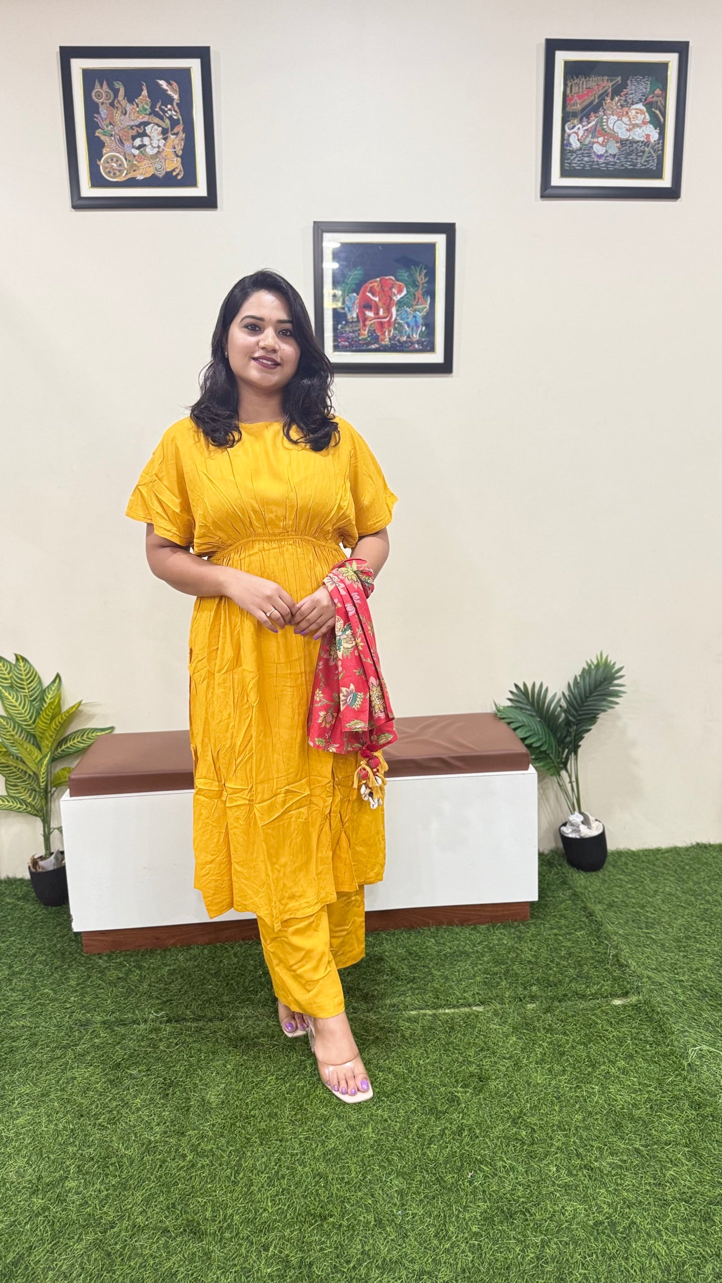 Rayon Solid Kurta Palazzo Scarf Set for Women | Mustard Flared Kurti with Pant and Printed Dupatta