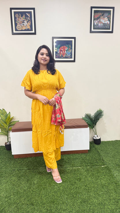 Rayon Solid Kurta Palazzo Scarf Set for Women | Mustard Flared Kurti with Pant and Printed Dupatta