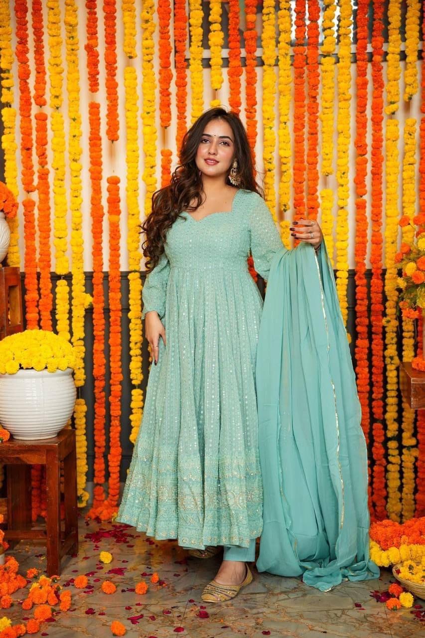 Pastel Blue Fox Georgette Chikankari Anarkali Suit Set with Dupatta and Bottom – Women’s Size 44