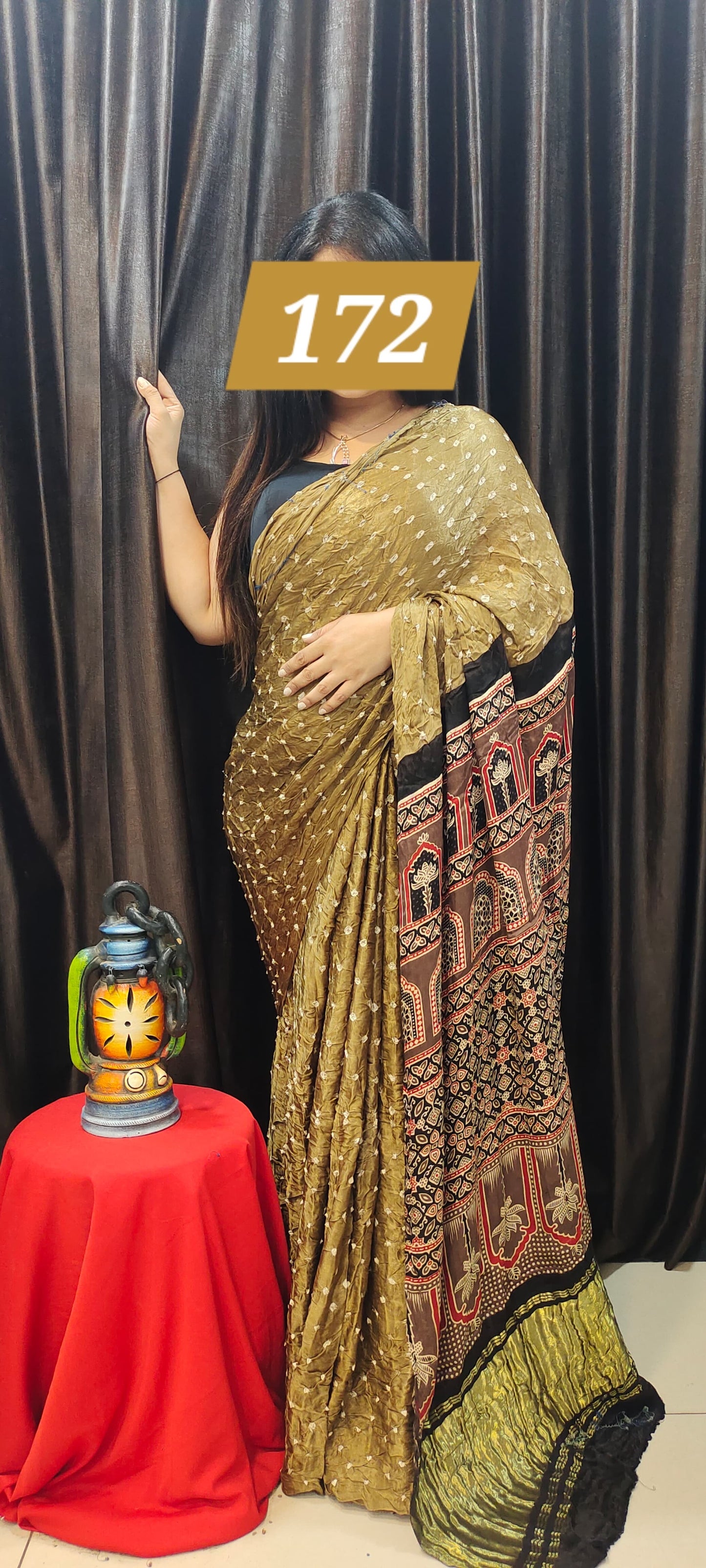 Modal Silk Ajrakh Bandhani Saree for Women – Handcrafted with Natural Dye and Ajrakh Blouse