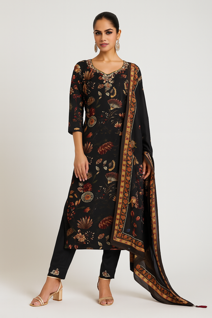 Natural Crepe Kurta Set with Mirror Handwork and Printed Viscose Dupatta – XL to 3XL Sizes
