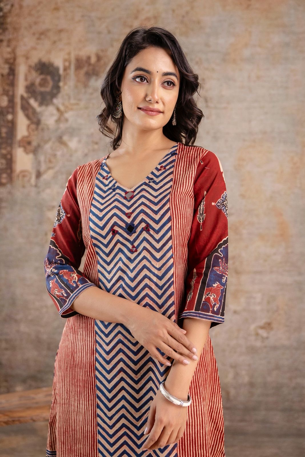 Jaipuri Cotton Kurti Pant Set for Women with Chevron Print and Mughal Border – Sizes 38 to 46