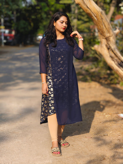 Navy Blue American Crepe Foil Printed A-Line Kurta for Women – M to 2XL