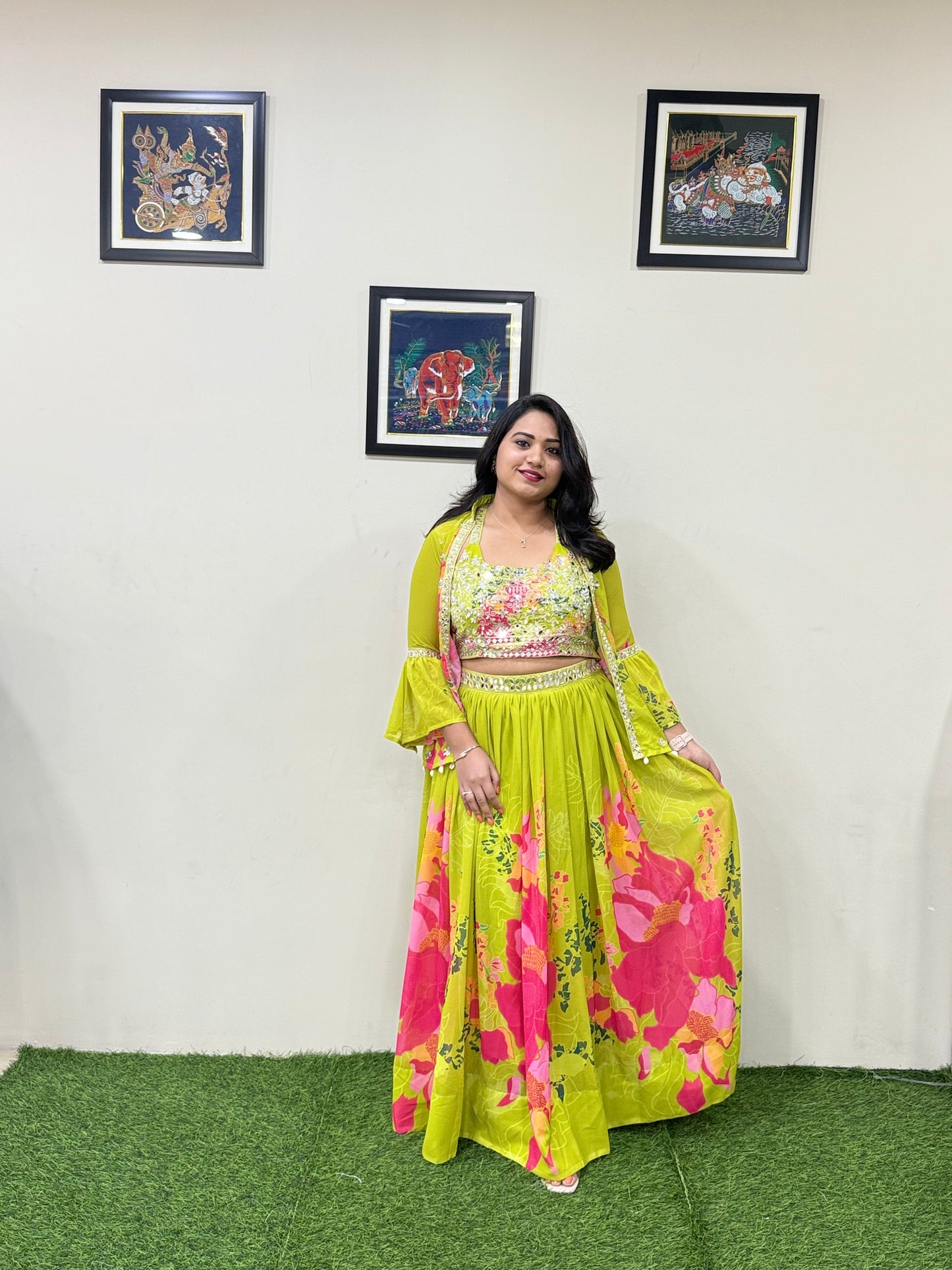 Faux Georgette Designer Lehenga Set with Mirror Work, Zari Detailing and Cowrie Shell Jacket