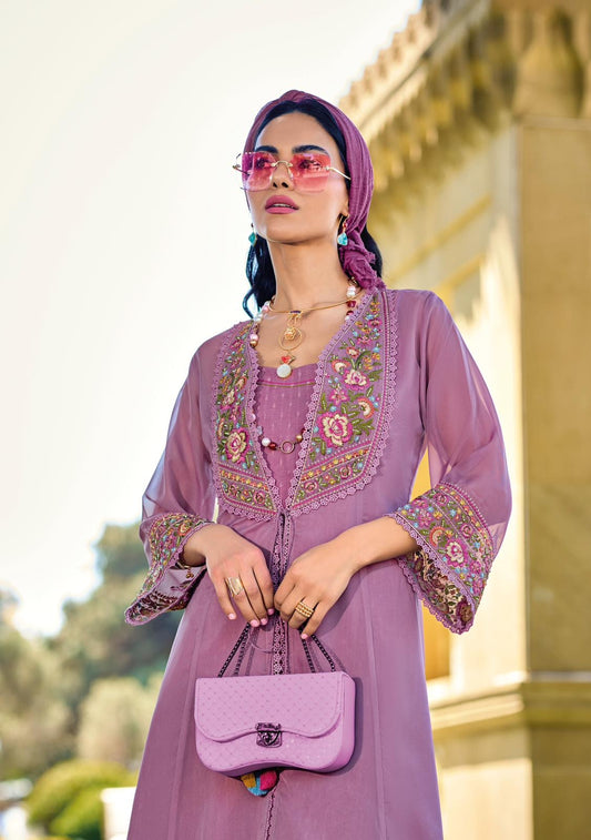 Pure Viscose Organza Silk Kurti Pant Set with Embroidered Organza Koti – Women’s Festive Ethnic Wear