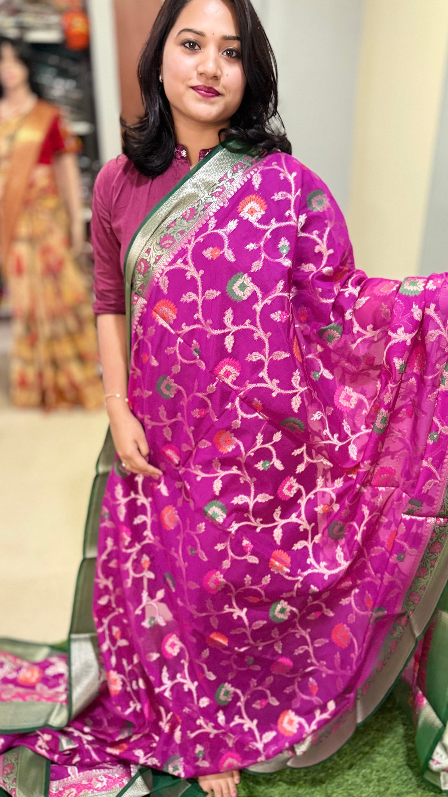 Banarasi Meenakari Georgette Silk Saree with Multi-Color Floral Weaving and Meena Border Blouse