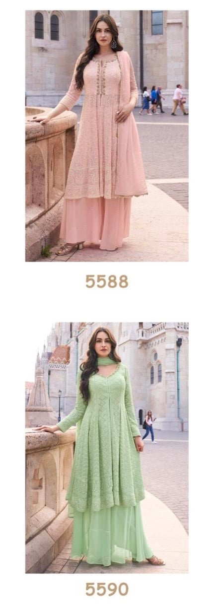 Real Georgette 3-Piece Set with Embroidered Top, Palazzo, and Dupatta – Free Size Stitched Ethnic Wear