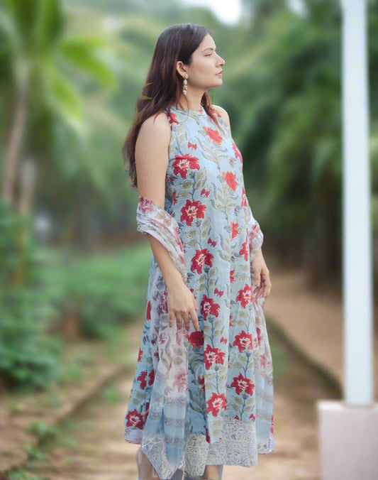 Pure Cotton Handblock A-Line Kurti Palazzo Dupatta Set with Halter Neck for Women