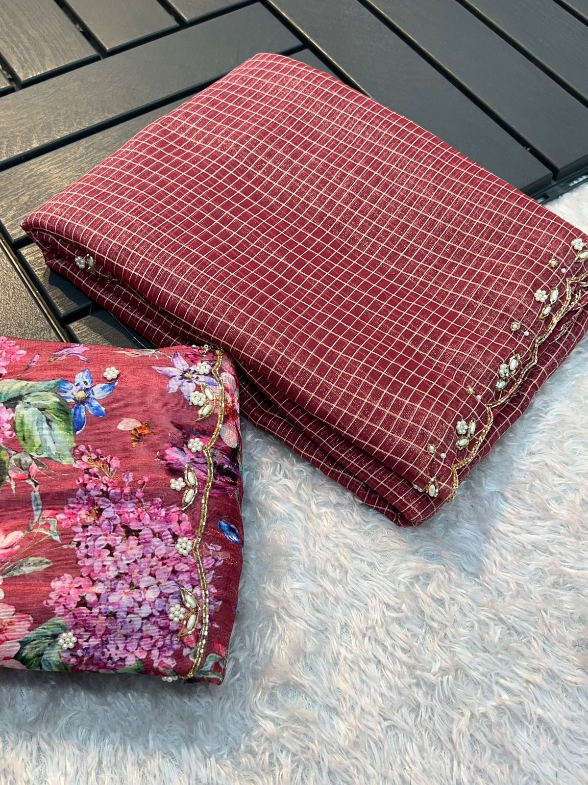 Handwork Nora Chex Saree with Pearl, Cutdana & Sequin Embroidery and Bangalori Silk Blouse