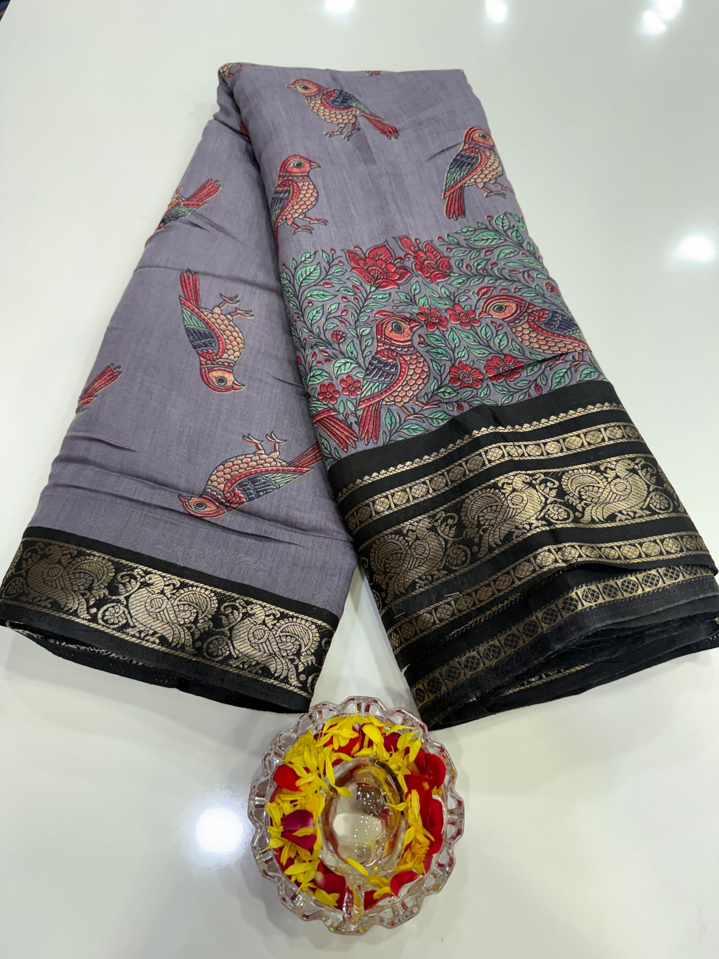 Venkatagiri style silk-blend printed saree with bird motifs and zari-style border, 6.3m women’s festive saree