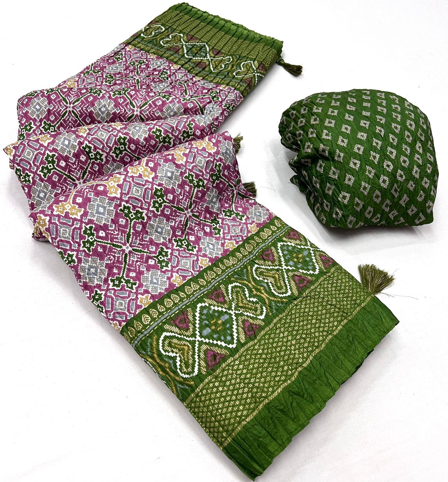 Soft Dola Silk Patola Print Saree with Foil Detailing, Tassel Pallu and Contrast Blouse for Women