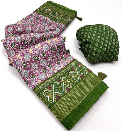 Soft Dola Silk Patola Print Saree with Foil Detailing, Tassel Pallu and Contrast Blouse for Women