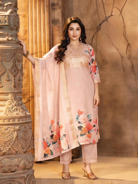 Chanderi Jacquard Straight Kurta Pant Set with Digital Print Dupatta – Women’s Ethnic Wear