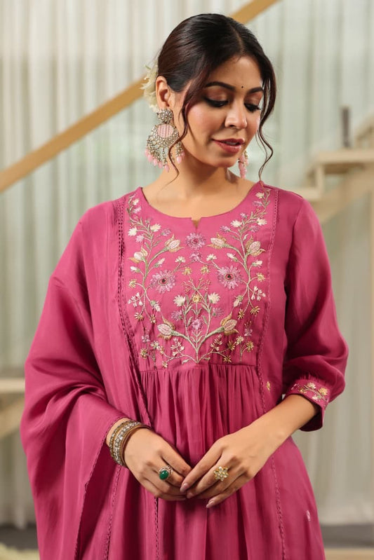 Mul Chanderi Kurta Pant Dupatta Set with Embroidery Work – Women’s Ethnic Wear (Sizes M–3XL)