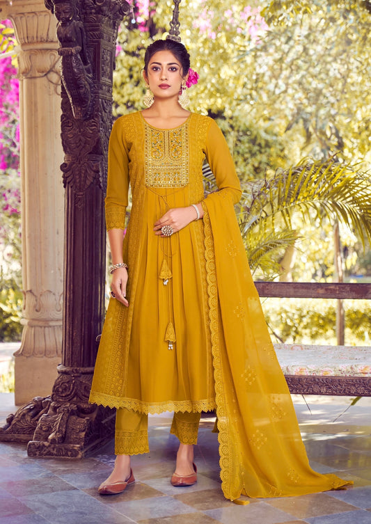 Women’s Georgette Embroidered Suit Set with Mirror Work Neck and Lace Border Pant – L to 3XL