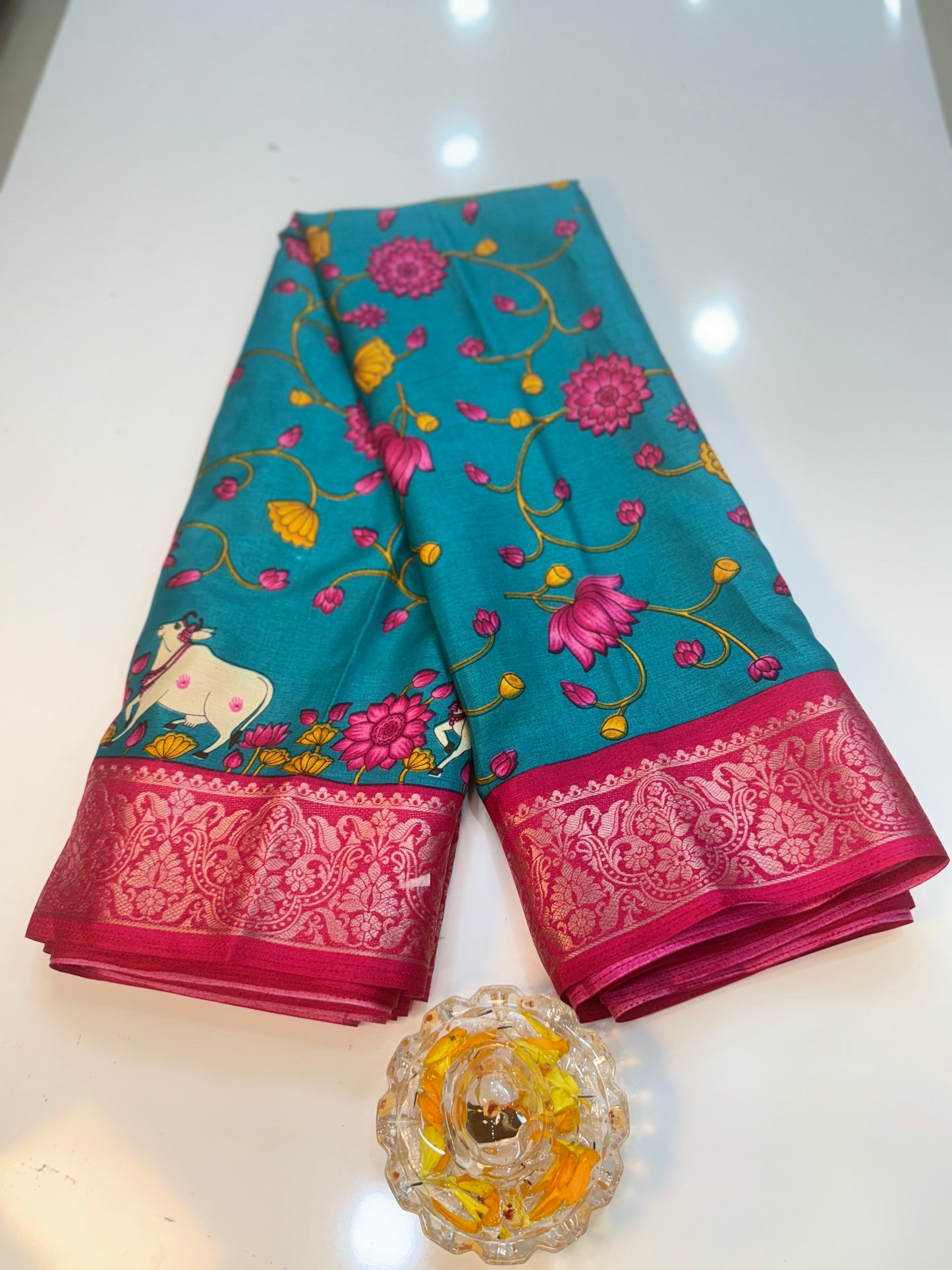 Madrasi Cotton Silk Saree with Cultural Print Motifs and Matching Blouse Piece for Women