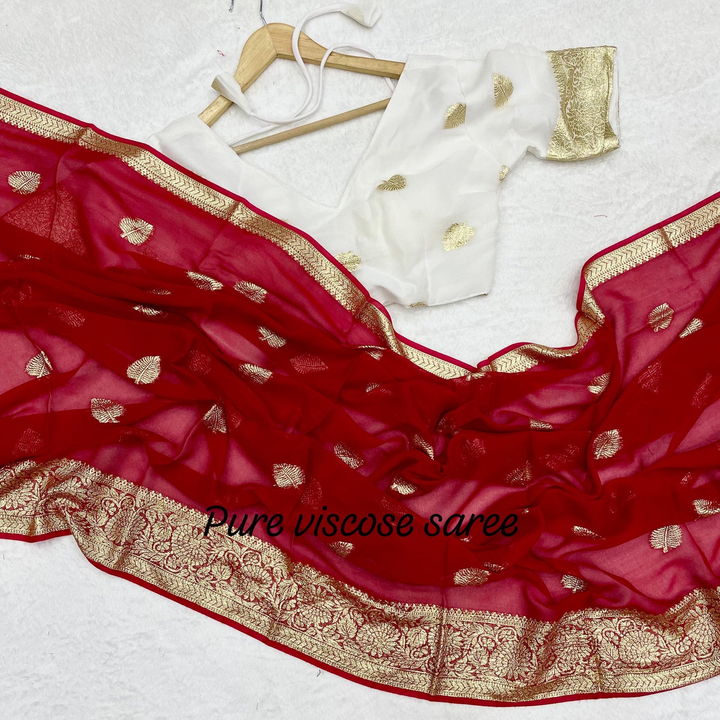 Women’s Pure Viscose Georgette Saree with Leaf Zari Design and Contrast Running Blouse