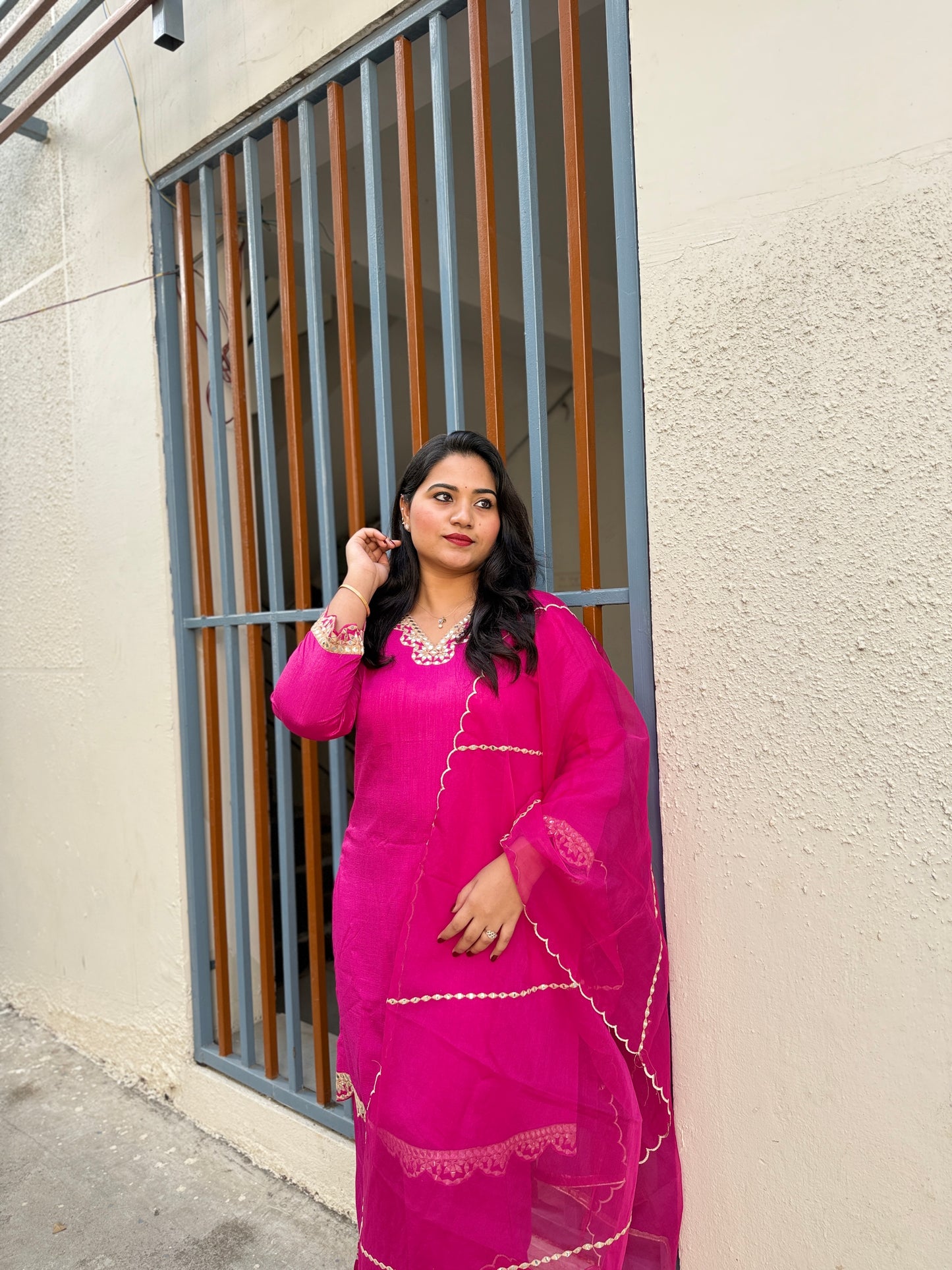 Magenta Pink Real Silk Embroidered Kurta Sharara Dupatta Set for Women – Festive and Wedding Wear Designer Outfit (XL)