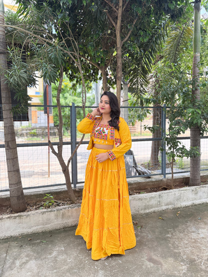 Rayon Lehenga Choli with Embroidered Gamthi Work Koti and Cowrie Lace – Navratri and Festive Wear