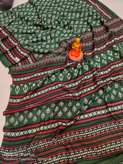 Semi Modal Silk Saree with Hand Block Prints and Contrast Blouse for Women